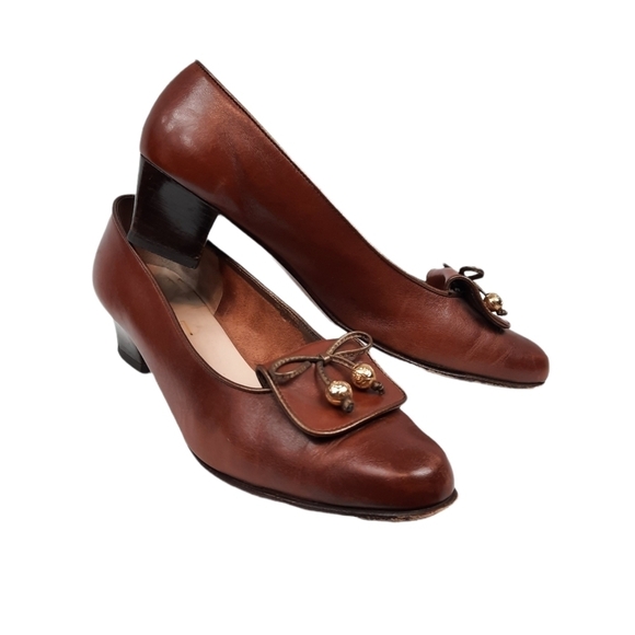 Salvatore Ferragamo Chestnut Leather Loafer Pumps Bow Tie Size 8 Women's - Picture 1 of 13